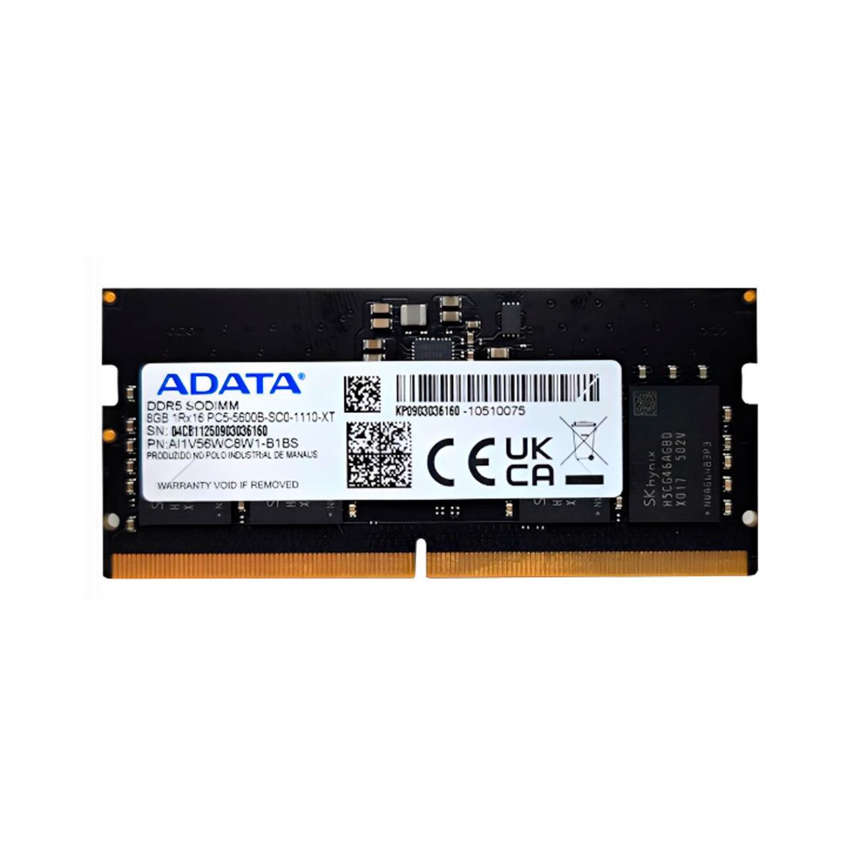 ADATA AL1V56WC8W1-B1DS Memória RAM DDR5 SODIMM 8GB 5600MHz 1Rx16 PC5-5600B-SC0-1312-XT para Notebook, CL46, 1,1V, 262 Pinos, PMIC e On-Die ECC